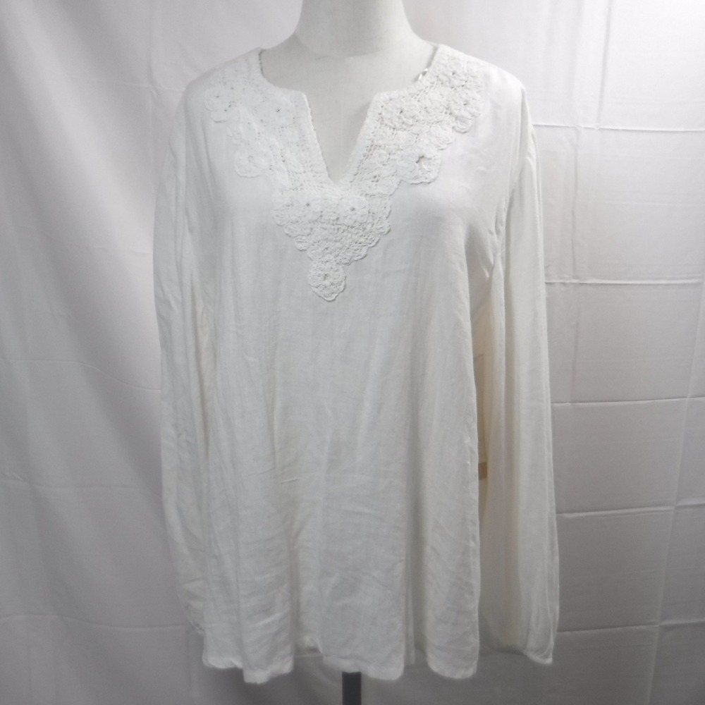 Calligraphie White Linen Blend Crochet Lace V-Neck Tunic Top‎ XL SP23M-5621D